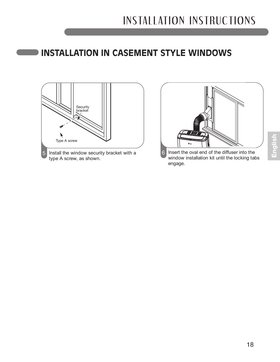 Installation in casement style windows | LG LP1210BXR User Manual | Page 18 / 48