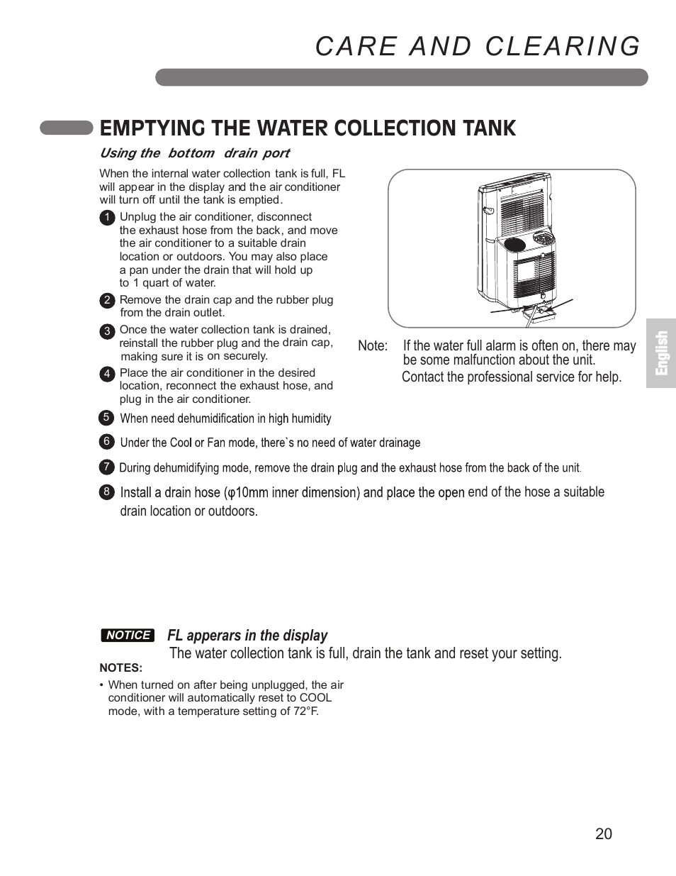 Care and clearing, Emptying the water collection tank | LG LP1210BXR User Manual | Page 20 / 48