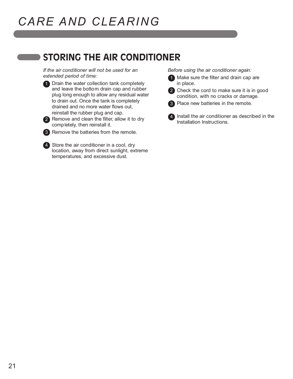 Care and clearing, Storing the air conditioner | LG LP1210BXR User Manual | Page 21 / 48