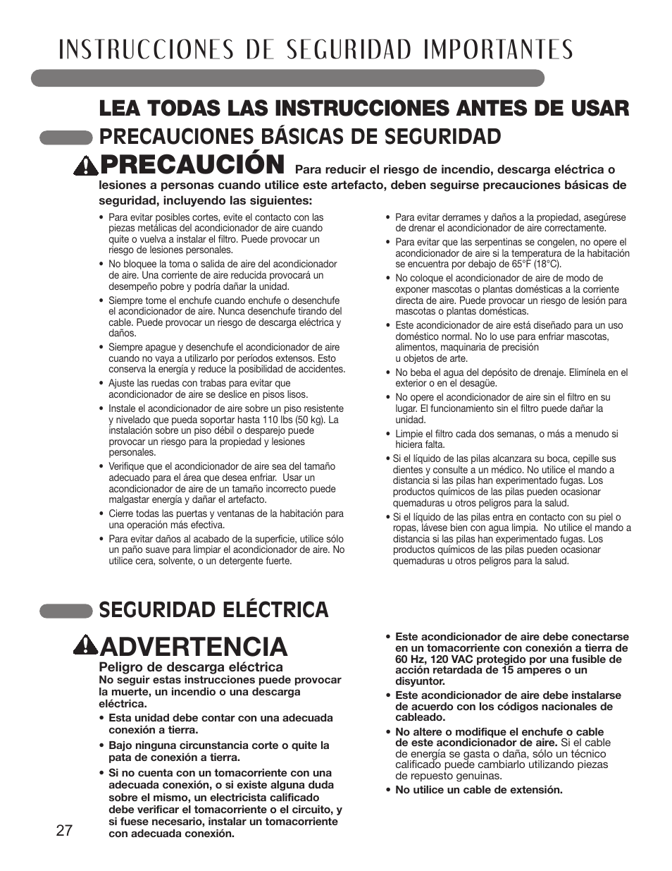 Precaución, Advertencia, Lea todas las instrucciones antes de usar | Precauciones básicas de seguridad, Seguridad eléctrica | LG LP1210BXR User Manual | Page 27 / 48