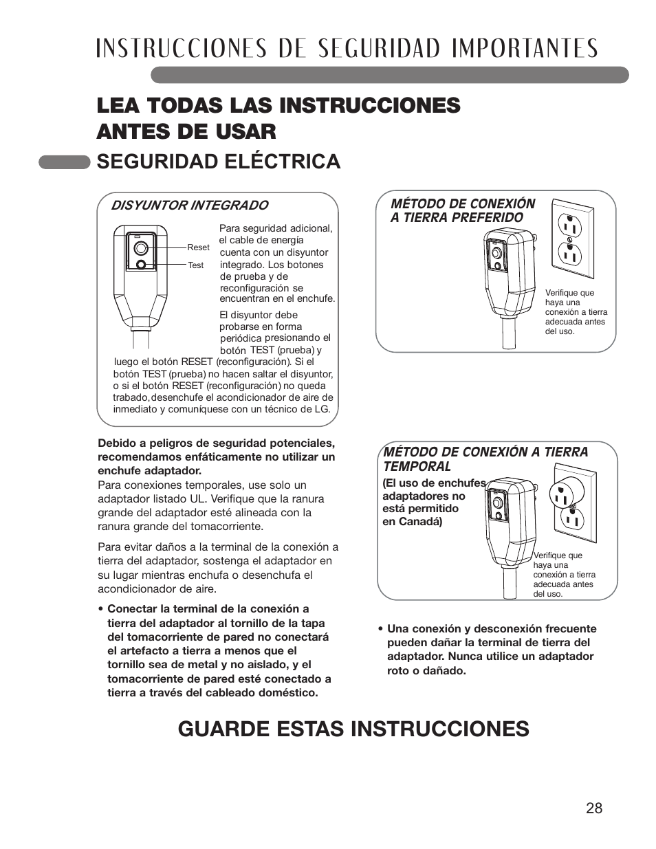 Lea todas las instrucciones antes de usar, Guarde estas instrucciones, Seguridad eléctrica | LG LP1210BXR User Manual | Page 28 / 48