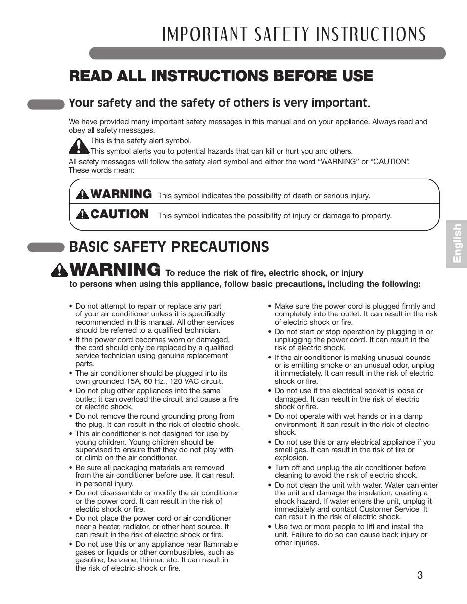 Read all instructions before use, Basic safety precautions, Warning | Caution, 3e n g li s h | LG LP1210BXR User Manual | Page 3 / 48