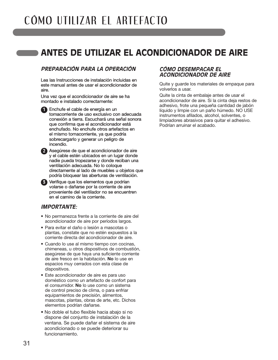 Antes de utilizar el acondicionador de aire | LG LP1210BXR User Manual | Page 31 / 48