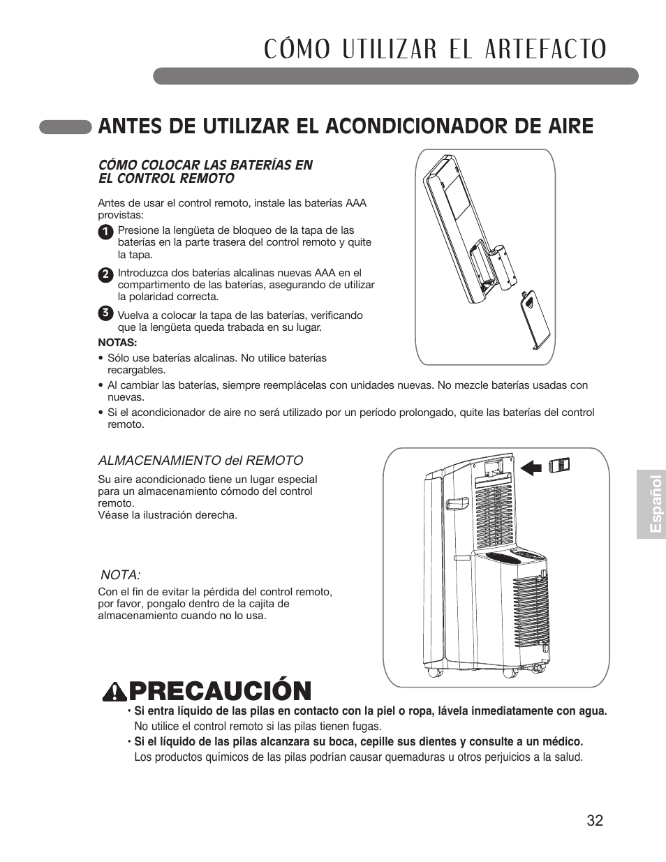 Precaución, Antes de utilizar el acondicionador de aire, 32 e sp añ o l | LG LP1210BXR User Manual | Page 32 / 48