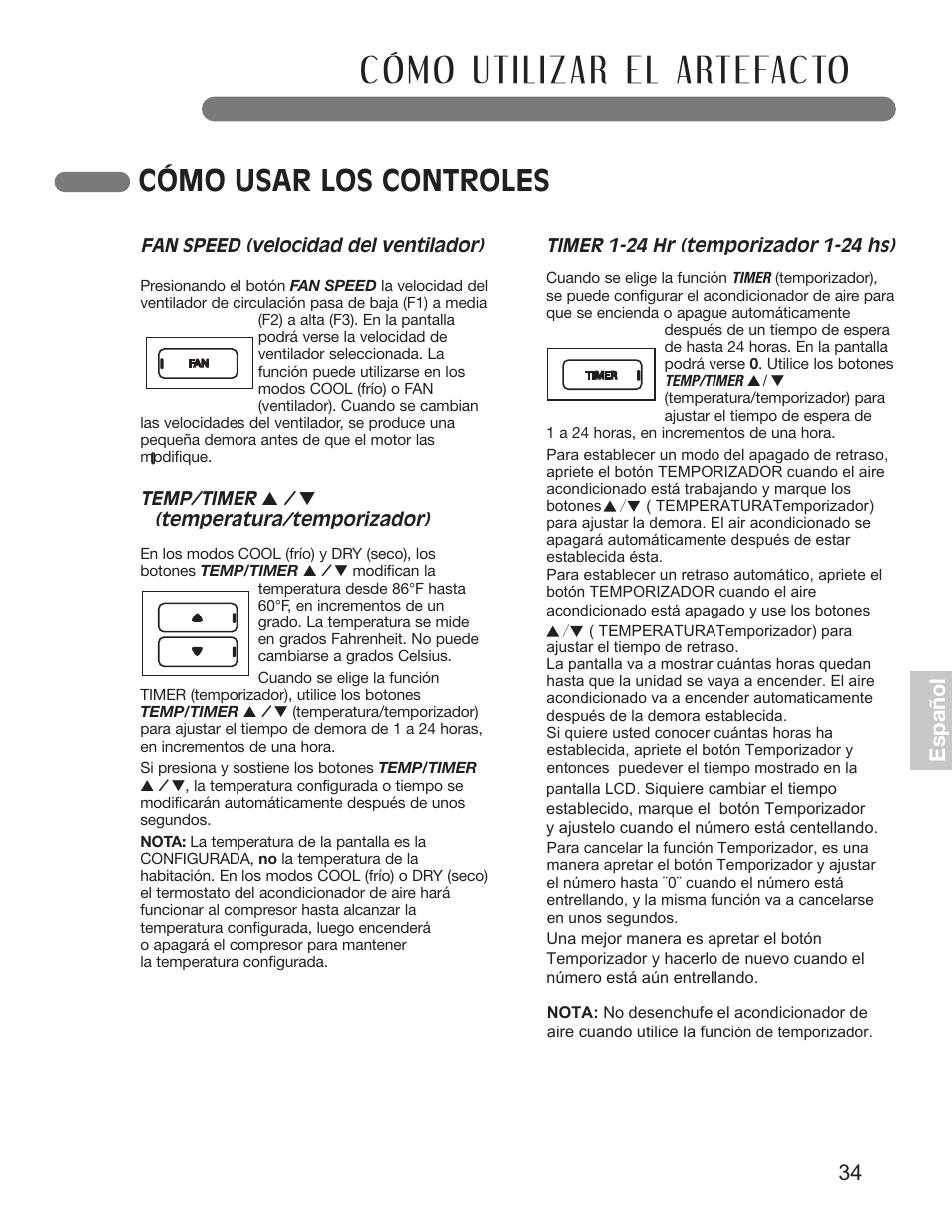 Cómo usar los controles, 34 e sp añ o l | LG LP1210BXR User Manual | Page 34 / 48