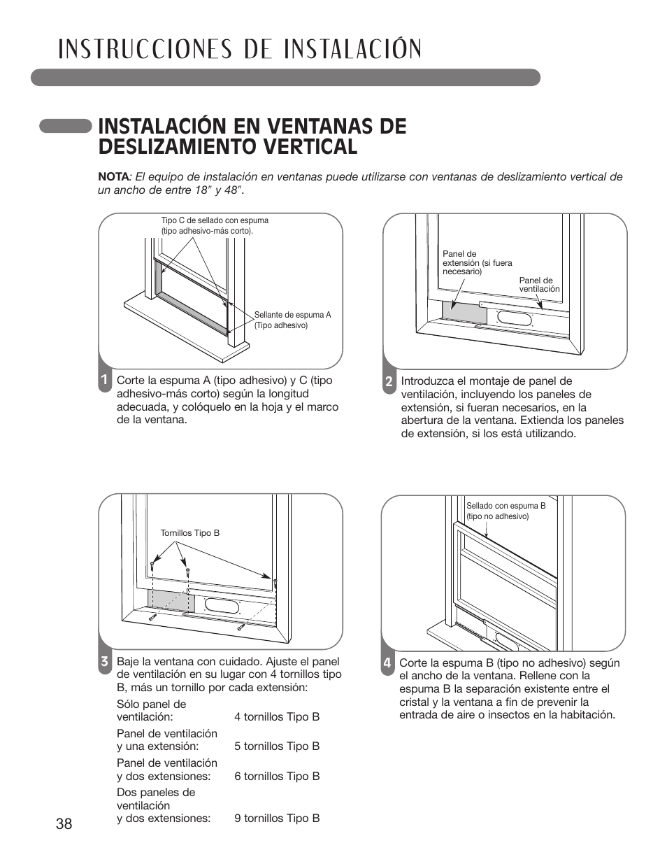 Instalación en ventanas de deslizamiento vertical | LG LP1210BXR User Manual | Page 38 / 48