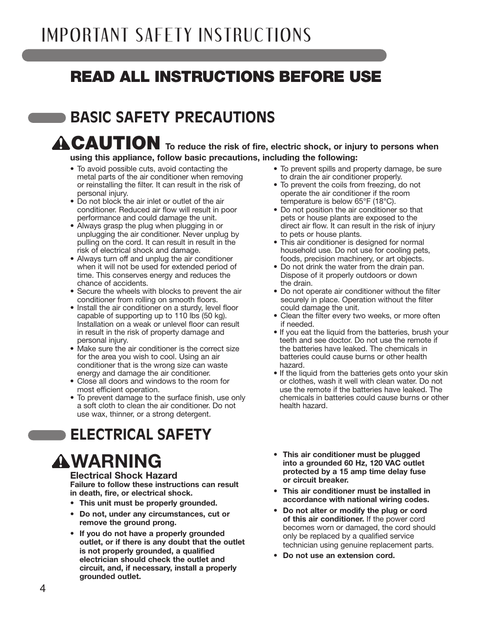 Caution, Warning, Read all instructions before use | Basic safety precautions, Electrical safety | LG LP1210BXR User Manual | Page 4 / 48