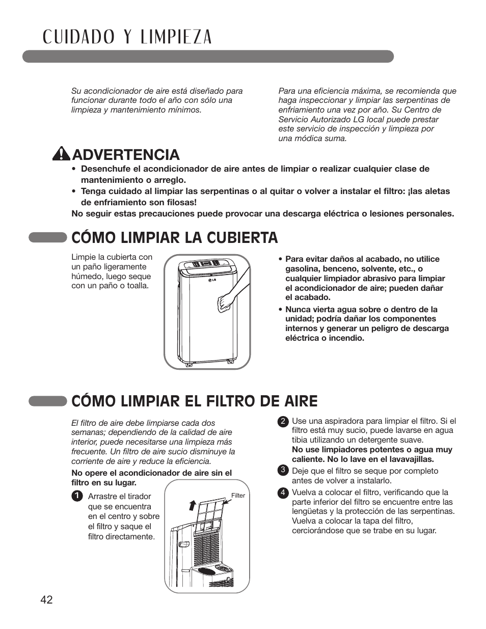 Cómo limpiar la cubierta, Cómo limpiar el filtro de aire, Advertencia | LG LP1210BXR User Manual | Page 42 / 48
