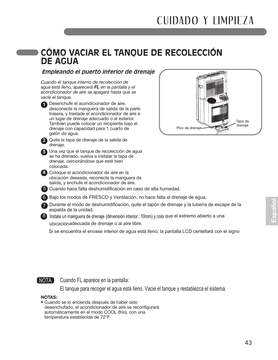 Cómo vaciar el tanque de recolección de agua, 43 e sp añ o l | LG LP1210BXR User Manual | Page 43 / 48