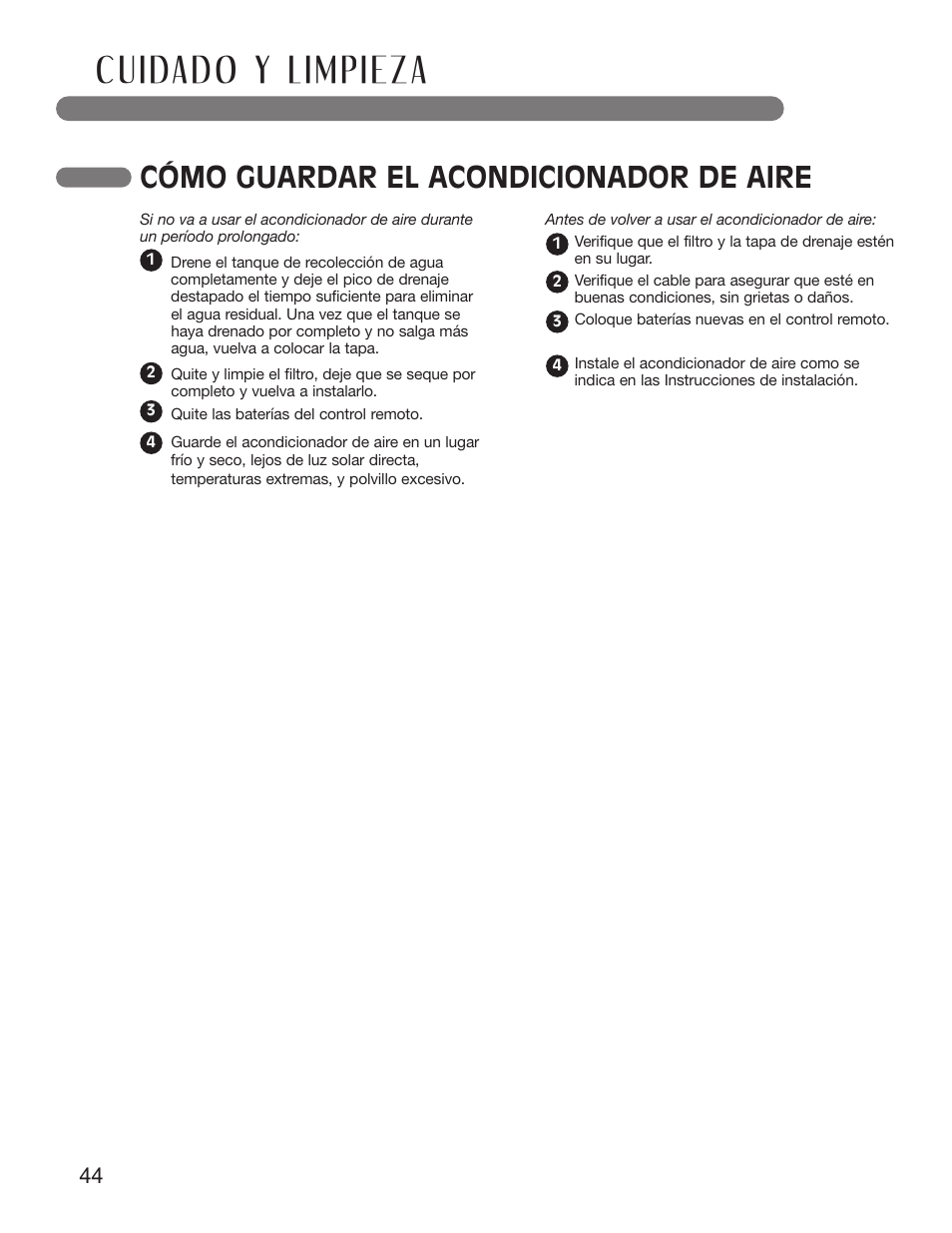 Cómo guardar el acondicionador de aire | LG LP1210BXR User Manual | Page 44 / 48