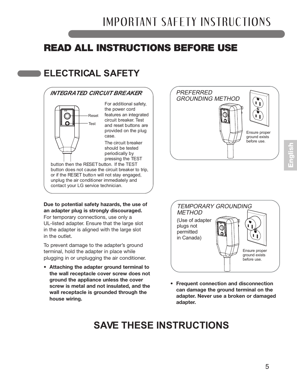 Read all instructions before use, Save these instructions, Electrical safety | 5e n g li s h | LG LP1210BXR User Manual | Page 5 / 48