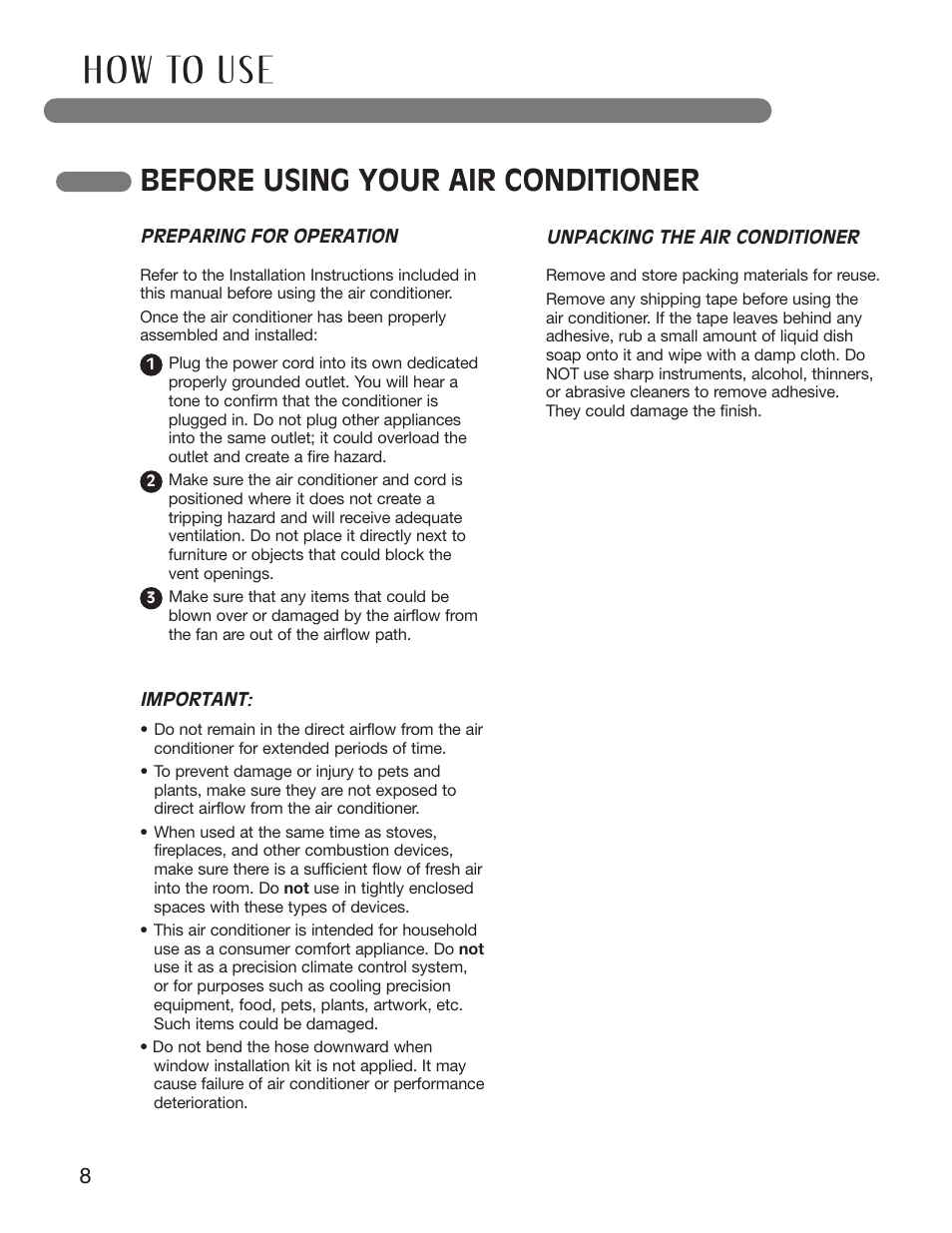 H ow to u s e, Before using your air conditioner | LG LP1210BXR User Manual | Page 8 / 48