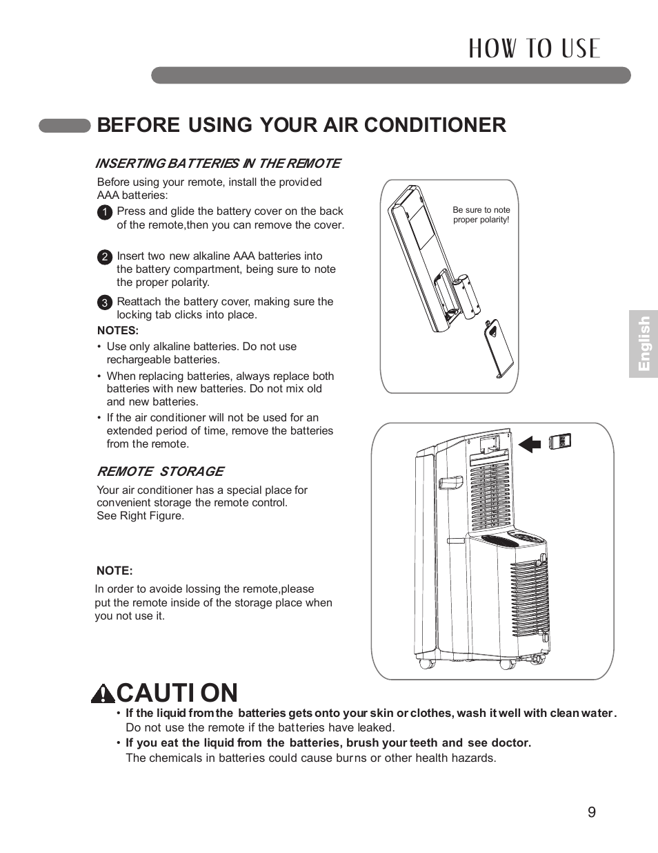 H ow to u s e, Cauti on, Before using your air conditioner | En g li s h | LG LP1210BXR User Manual | Page 9 / 48