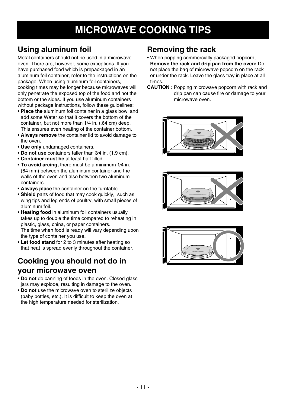 Microwave cooking tips, Using aluminum foil, Cooking you should not do in your microwave oven | Removing the rack | LG LMVH1750ST User Manual | Page 11 / 49