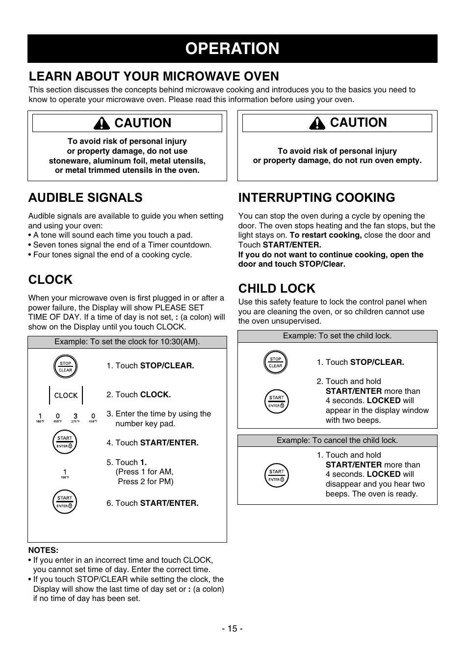 Operation, Learn about your microwave oven, Caution | Caution clock, Audible signals, Interrupting cooking, Child lock | LG LMVH1750ST User Manual | Page 15 / 49