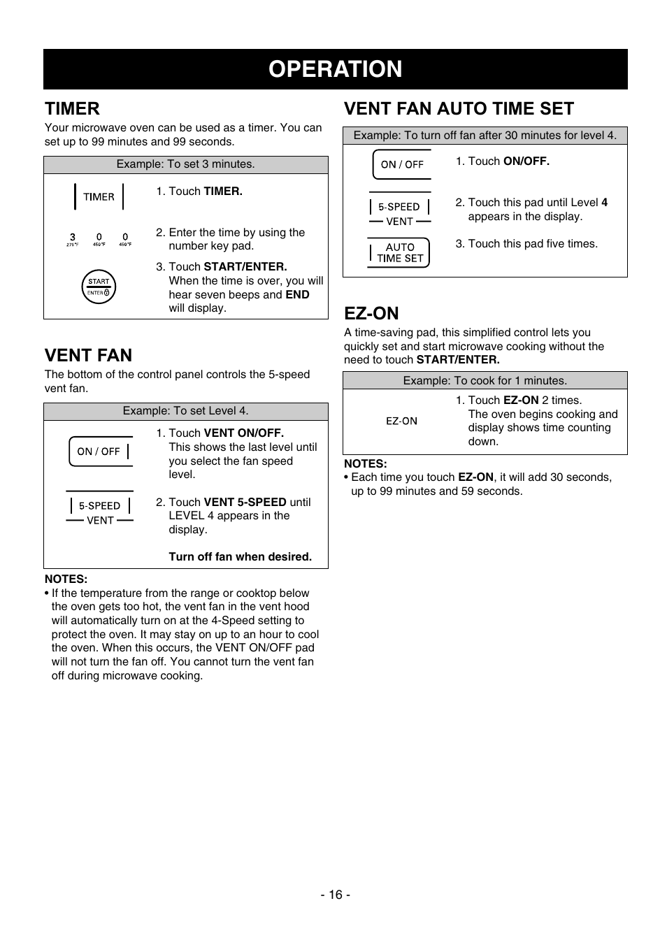 Operation, Timer, Vent fan auto time set | Ez-on, Vent fan | LG LMVH1750ST User Manual | Page 16 / 49