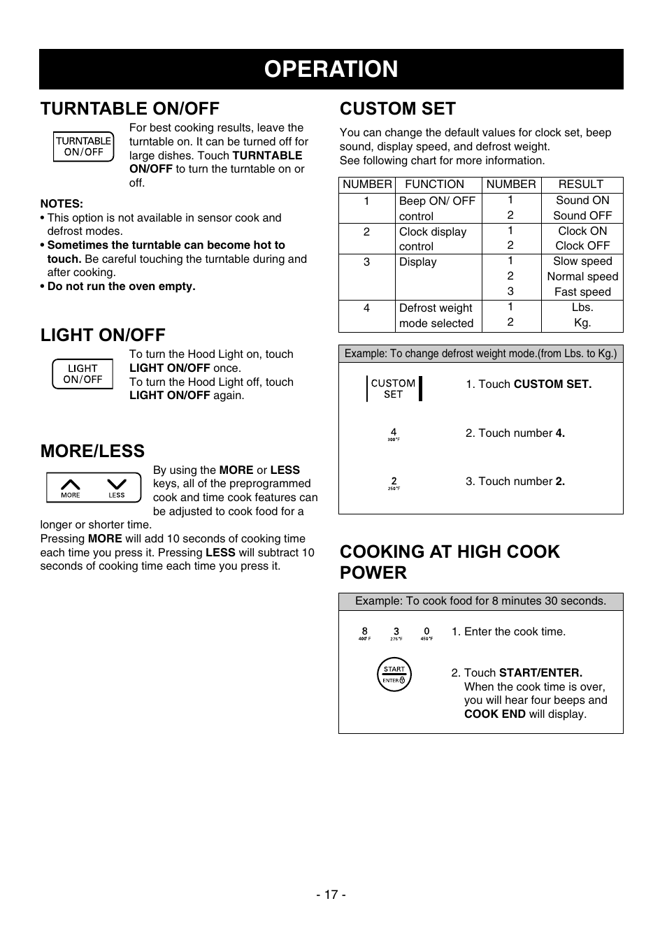 Operation, Turntable on/off, Light on/off | More/less, Custom set, Cooking at high cook power | LG LMVH1750ST User Manual | Page 17 / 49