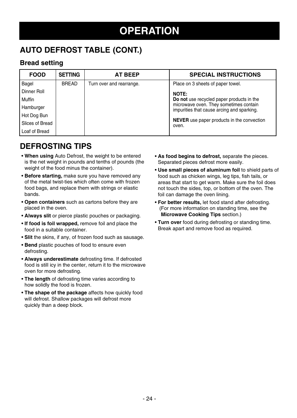 Operation, Defrosting tips, Auto defrost table (cont.) | Bread setting | LG LMVH1750ST User Manual | Page 24 / 49