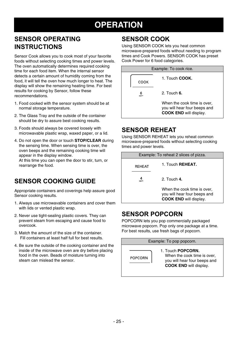 Operation, Sensor operating instructions, Sensor cooking guide | Sensor cook, Sensor reheat, Sensor popcorn | LG LMVH1750ST User Manual | Page 25 / 49