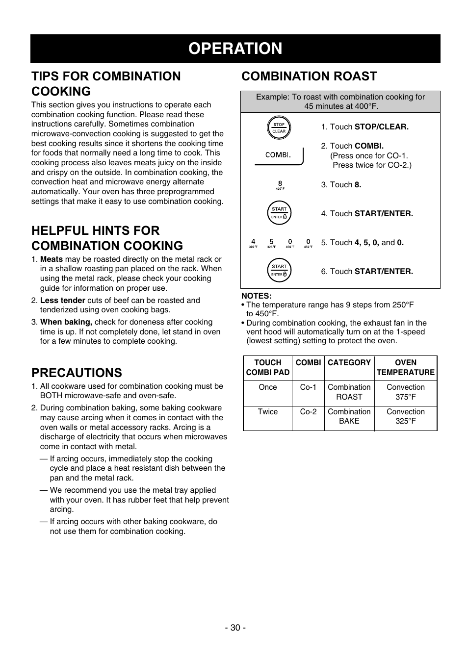 Operation, Combination roast tips for combination cooking, Precautions | Helpful hints for combination cooking | LG LMVH1750ST User Manual | Page 30 / 49