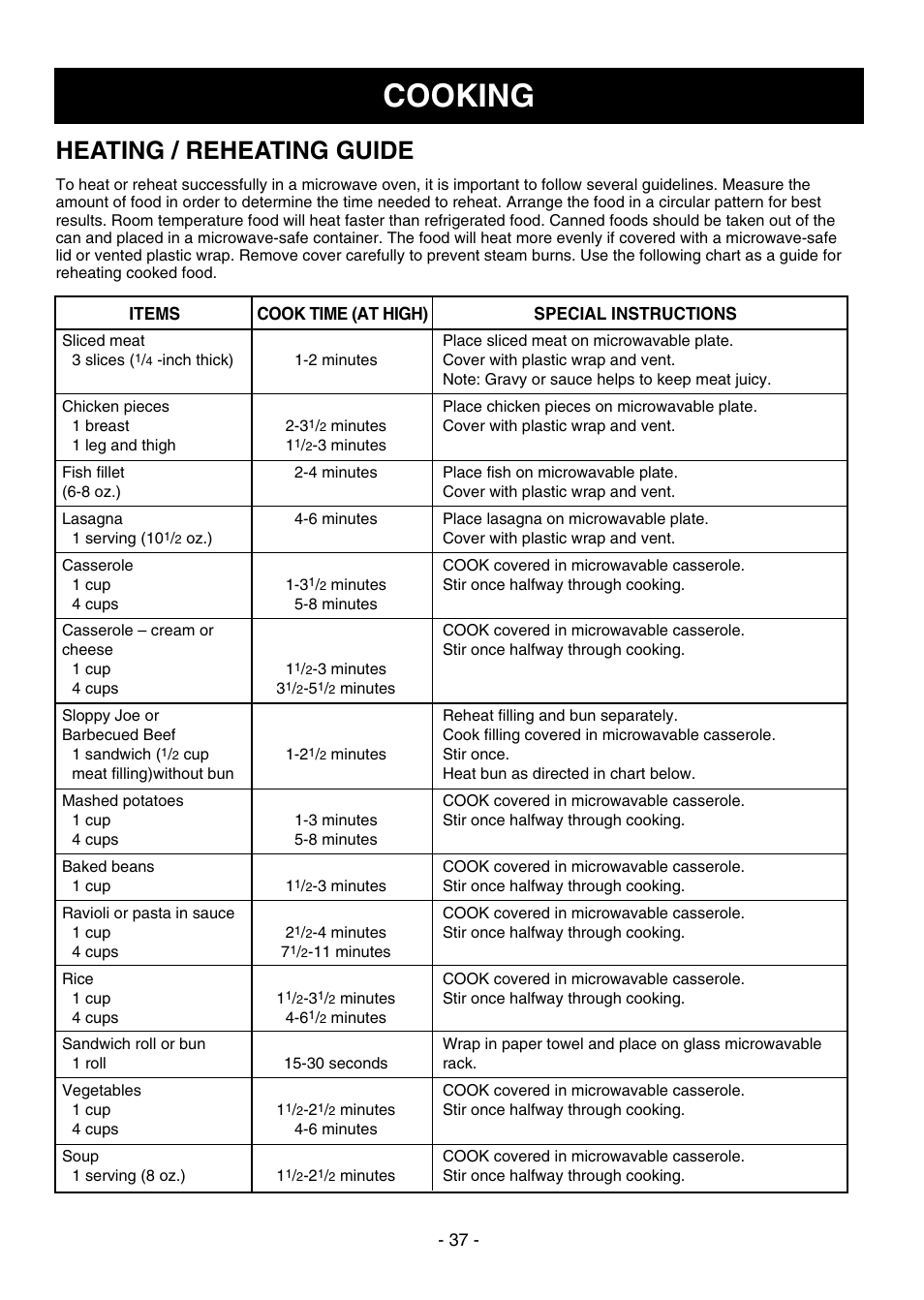 Cooking, Heating / reheating guide | LG LMVH1750ST User Manual | Page 37 / 49