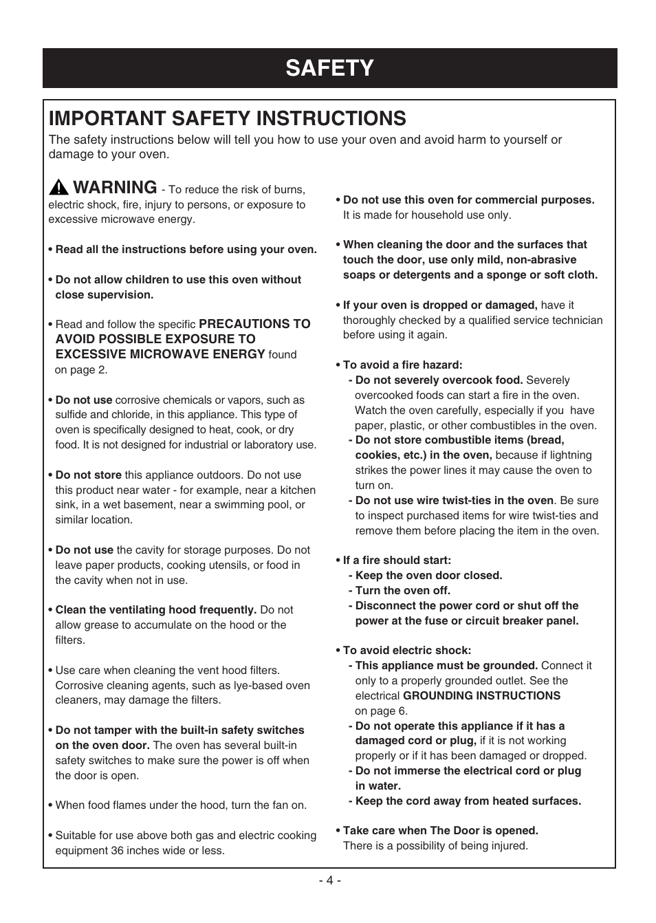 Safety, Important safety instructions, Warning | LG LMVH1750ST User Manual | Page 4 / 49