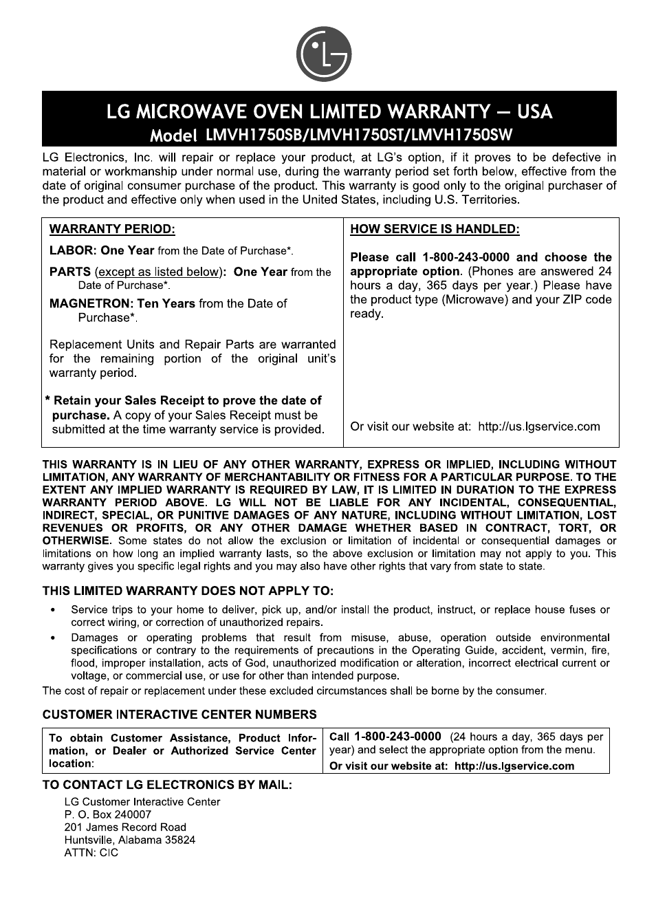 LG LMVH1750ST User Manual | Page 47 / 49