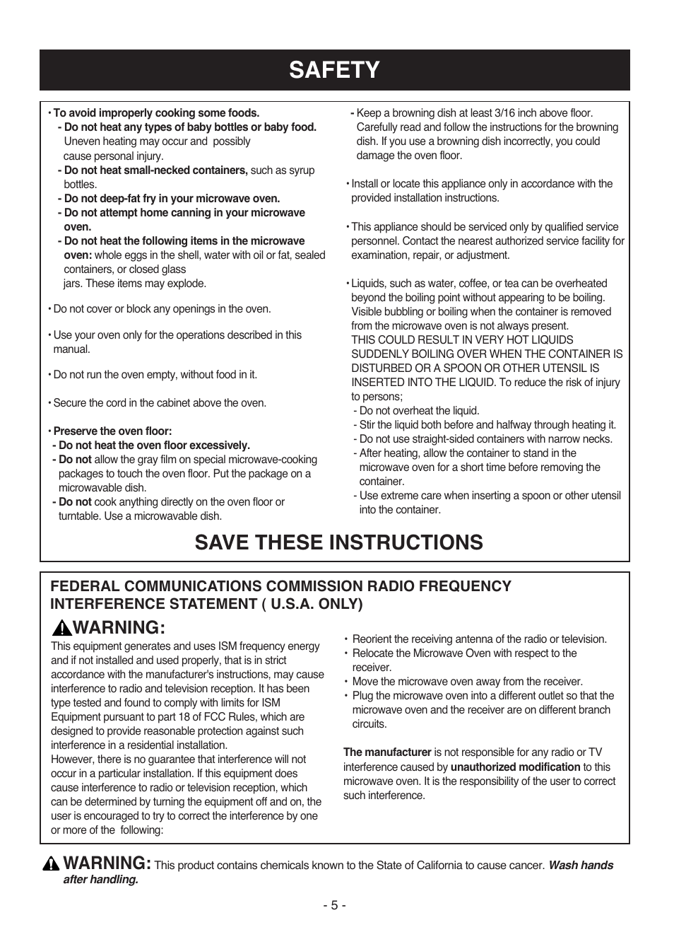 Safety, Save these instructions, Warning | LG LMVH1750ST User Manual | Page 5 / 49