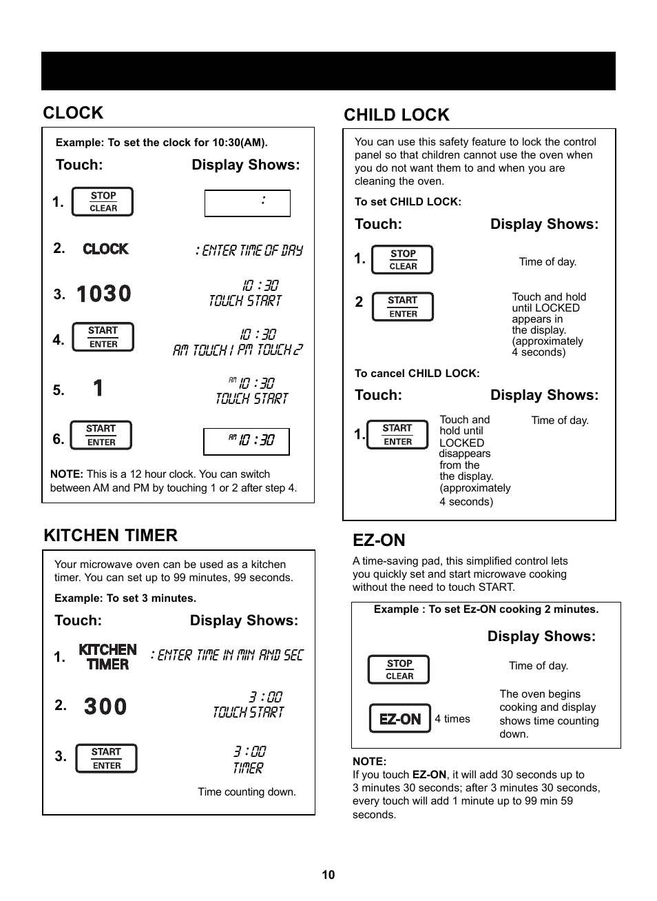 Using your microwave oven, Clock, Child lock | Kitchen timer, Ez-on | LG LSRM205ST User Manual | Page 10 / 25