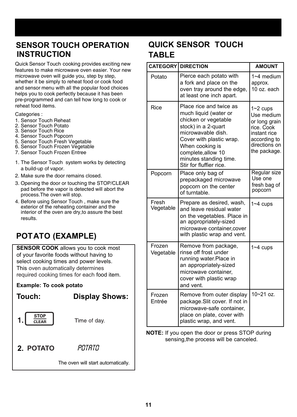 Using your microwave oven, Quick table, Touch sensor | Touch: display shows: 2, Potato | LG LSRM205ST User Manual | Page 11 / 25