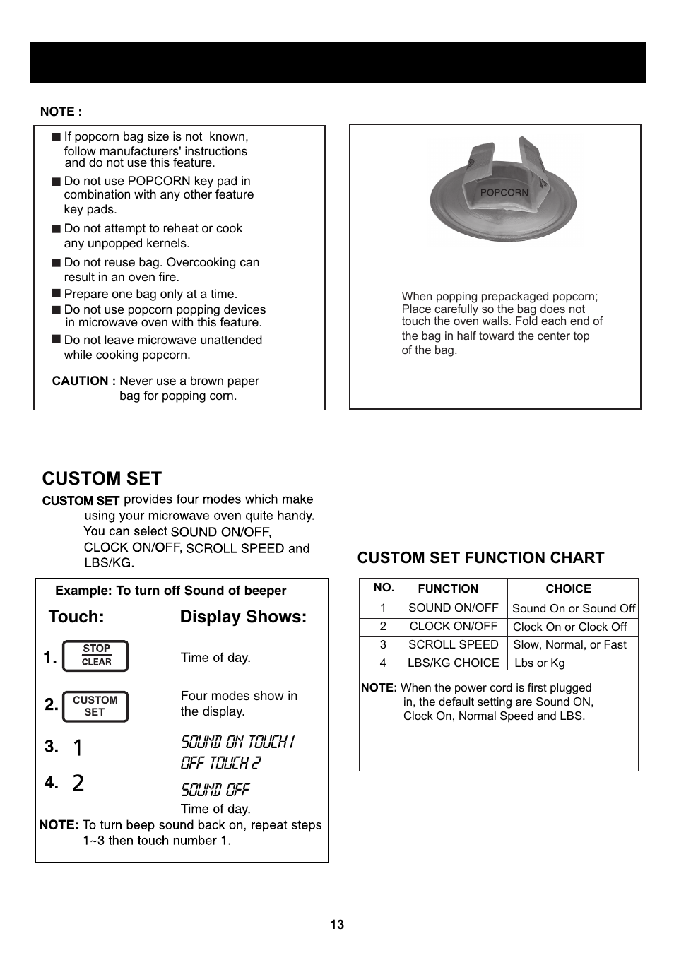 Using your microwave oven, Custom set, 6qwej &kurnc[5jqyu | Sound on touch 1 off touch 2 sound off, Custom set function chart | LG LSRM205ST User Manual | Page 13 / 25