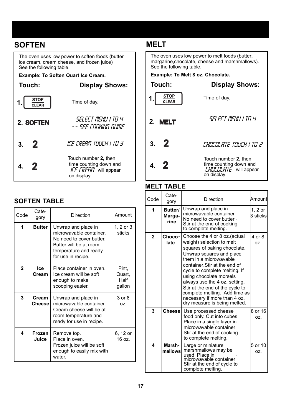 Using your microwave oven, Soften, Melt | Touch: display shows: 1. 2. 3. 4, Select menu 1 to 4, Soften table, See cooking guide - ice cream touch 1 to, Select menu 1 to 4 chocolate touch 1 to 2, Melt table, Chocolate ice cream | LG LSRM205ST User Manual | Page 17 / 25