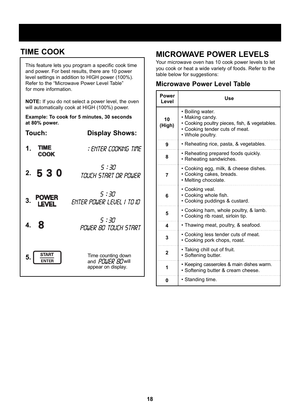 Using your microwave oven, English, Time cook | Microwave power levels, Touch: display shows: :: enter cooking time, Microwave power level table, Power 80 | LG LSRM205ST User Manual | Page 18 / 25