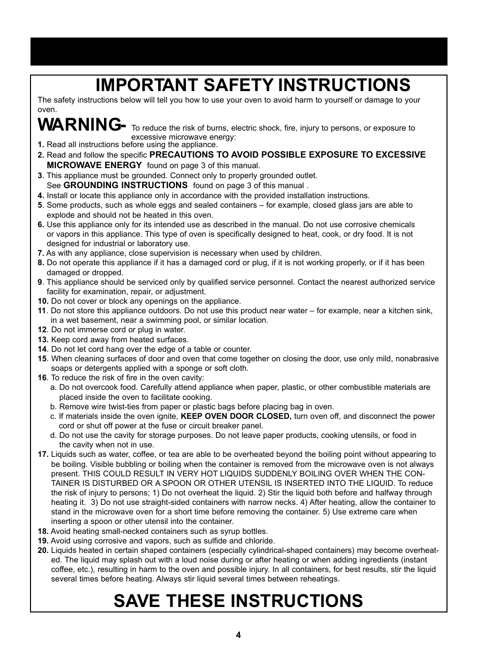 Import ant safety instructions, Warning, Save these instructions | Safety | LG LSRM205ST User Manual | Page 4 / 25