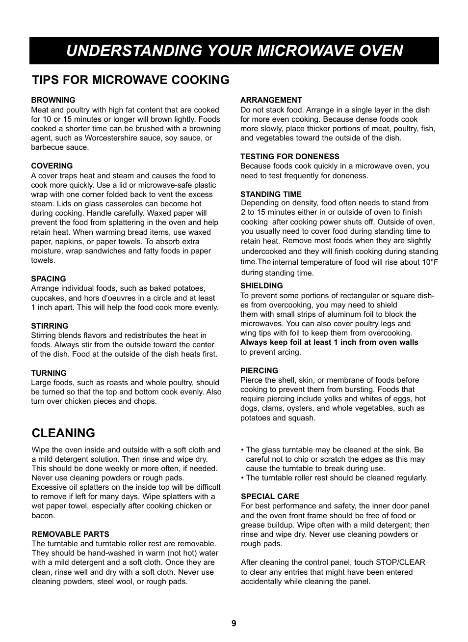 Understanding your microwave oven, Tips for microwave cooking, Cleaning | LG LSRM205ST User Manual | Page 9 / 25