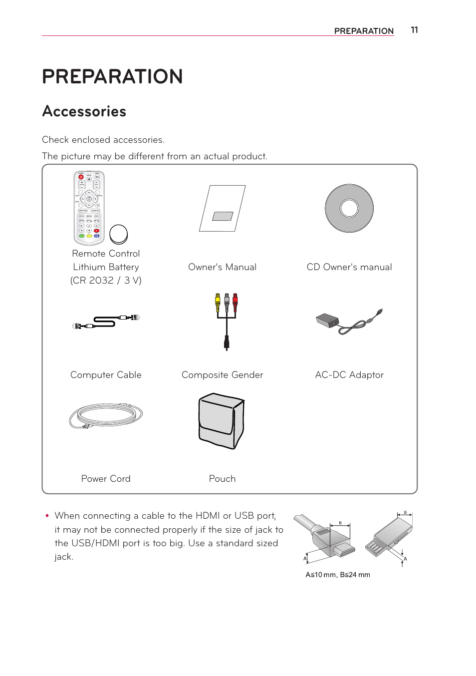 Preparation, Accessories | LG PB60G User Manual | Page 11 / 59