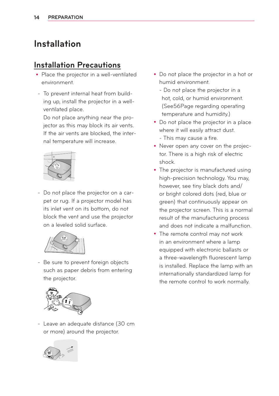 Installation, Installation precautions | LG PB60G User Manual | Page 14 / 59