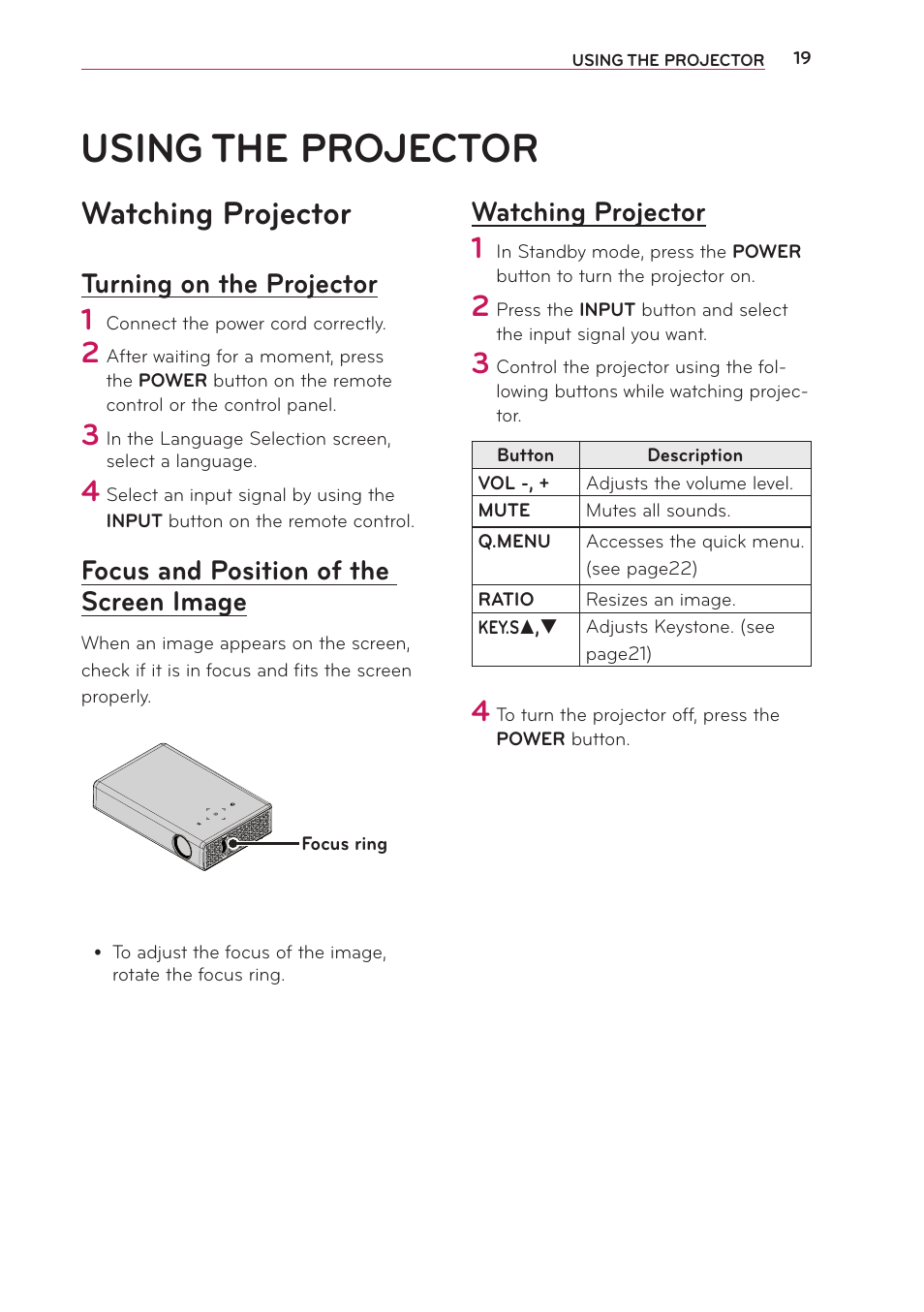 Using the projector, Watching projector, Turning on the projector | Focus and position of the screen image, Focus and position of the screen, Image | LG PB60G User Manual | Page 19 / 59