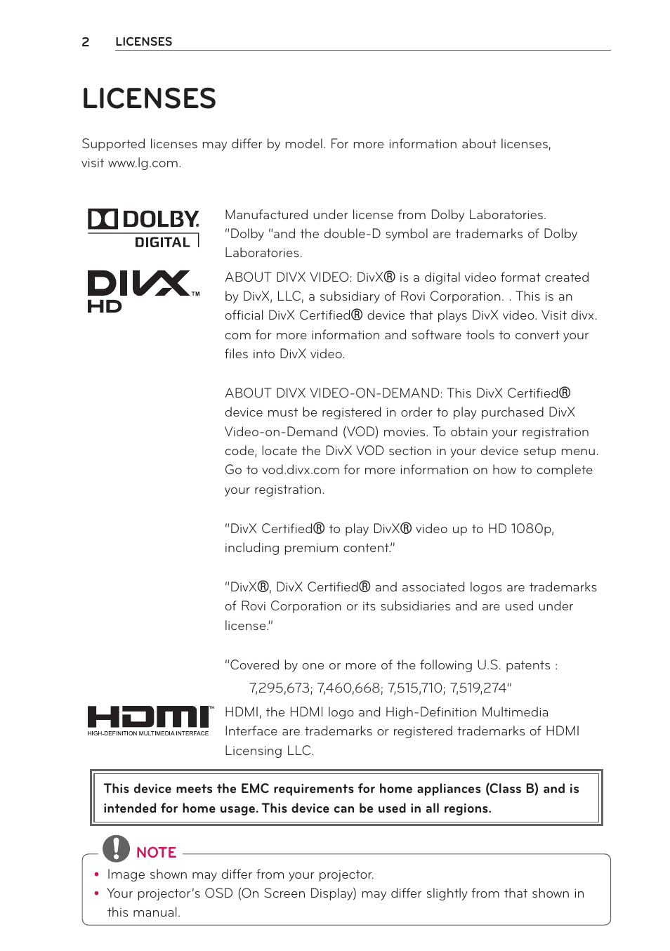 Licenses | LG PB60G User Manual | Page 2 / 59