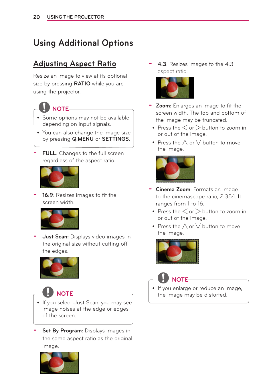 Using additional options, Adjusting aspect ratio | LG PB60G User Manual | Page 20 / 59