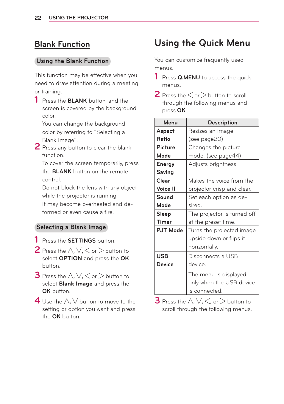Blank function, Using the quick menu | LG PB60G User Manual | Page 22 / 59