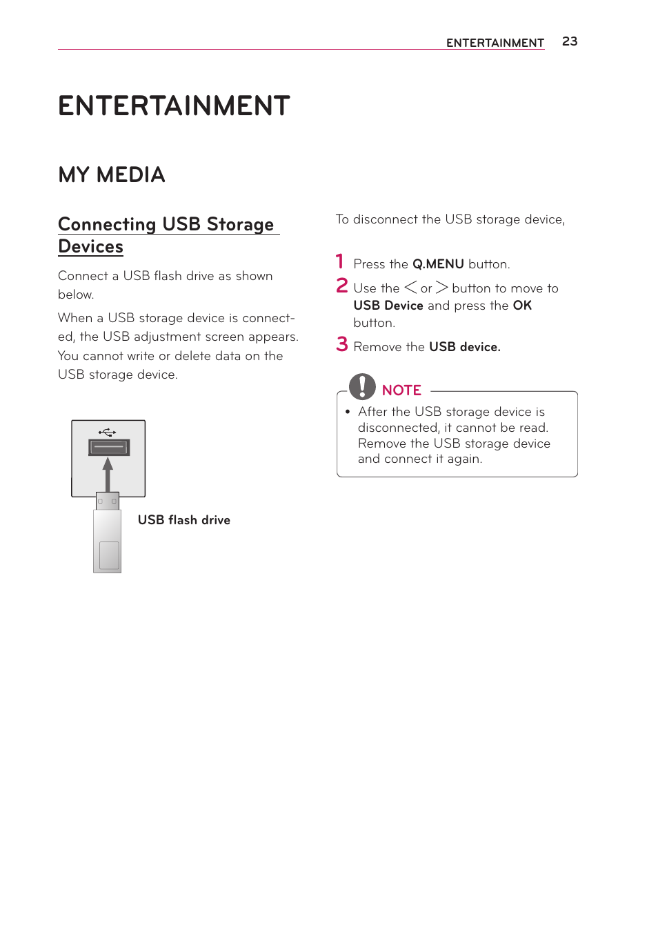 Entertainment, My media, Connecting usb storage devices | Connecting usb storage devices 23 | LG PB60G User Manual | Page 23 / 59