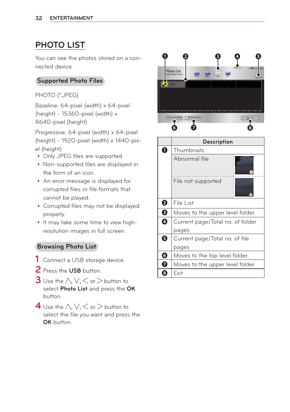 Photo list, Supported photo files, Browsing photo list | LG PB60G User Manual | Page 32 / 59