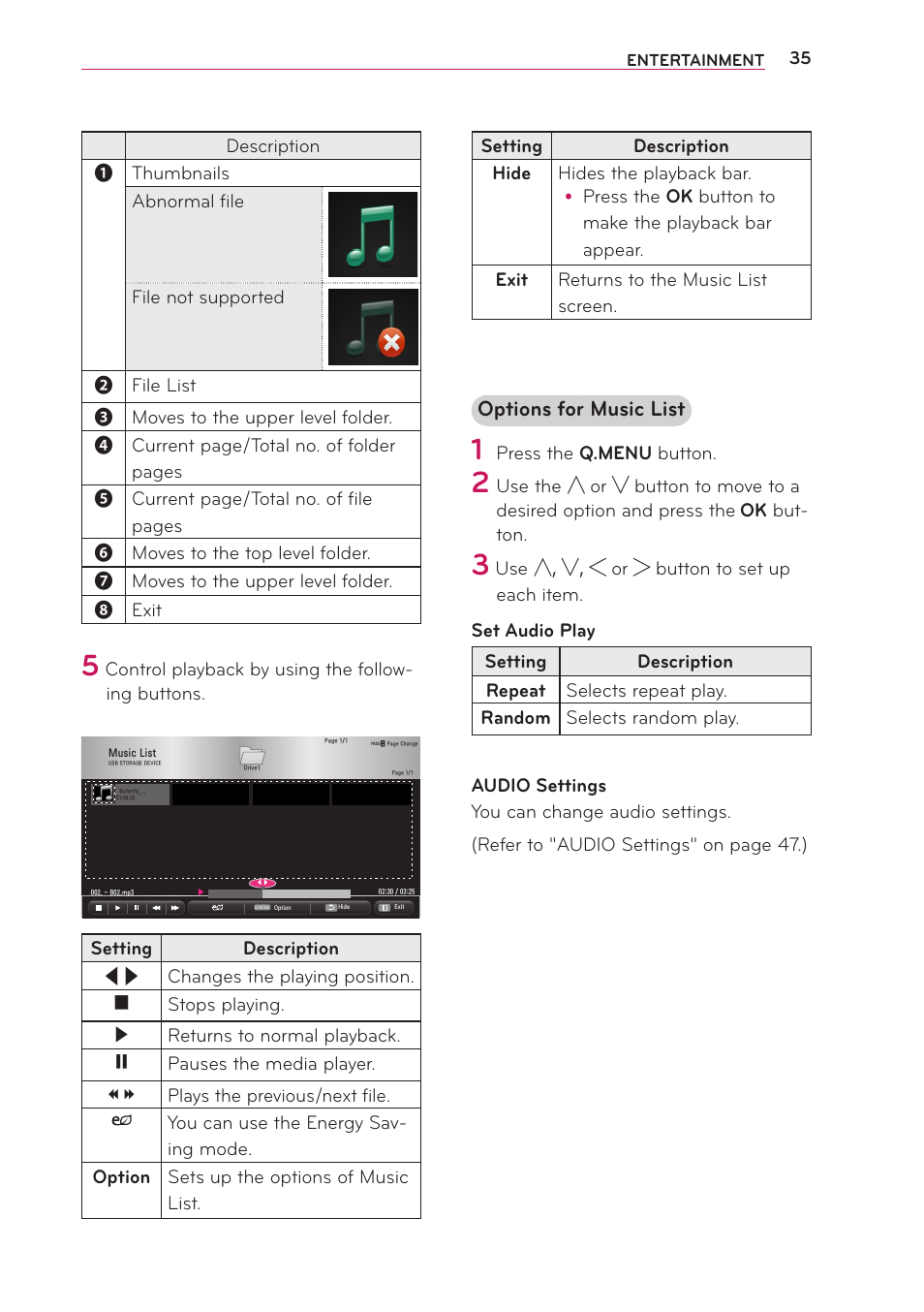 Options for music list | LG PB60G User Manual | Page 35 / 59