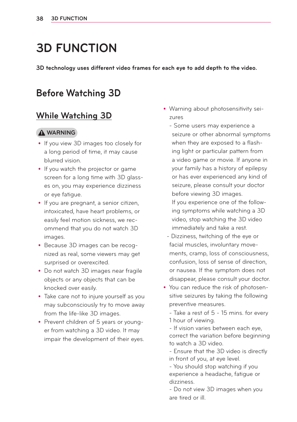 3d function, Before watching 3d, While watching 3d | LG PB60G User Manual | Page 38 / 59