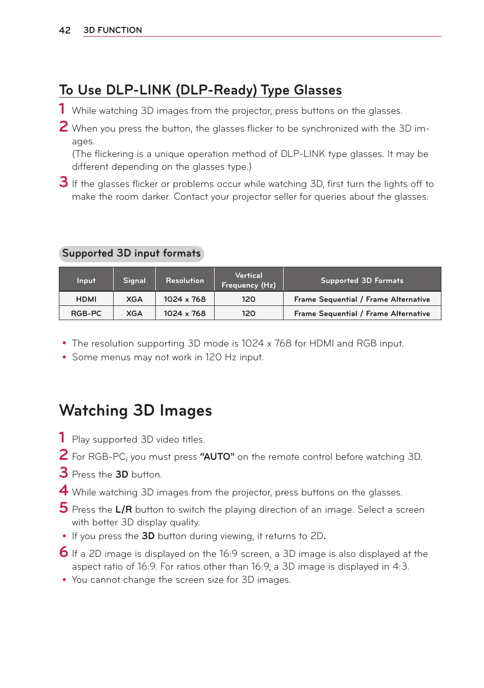 To use dlp-link (dlp-ready) type glasses, Watching 3d images, To use dlp-link (dlp-ready) type | Glasses | LG PB60G User Manual | Page 42 / 59