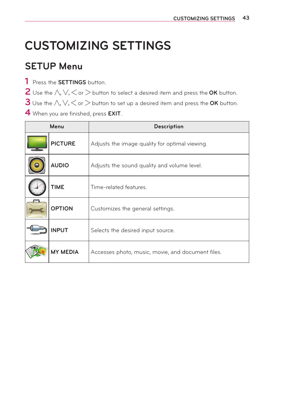 Customizing settings, Setup menu, Customizing settings 43 | LG PB60G User Manual | Page 43 / 59