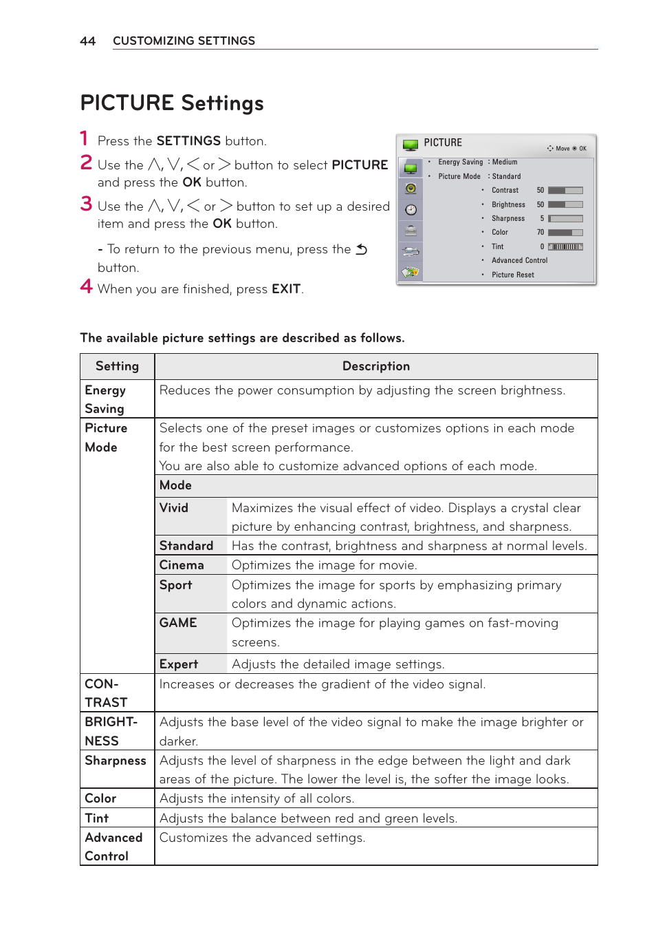 Picture settings | LG PB60G User Manual | Page 44 / 59