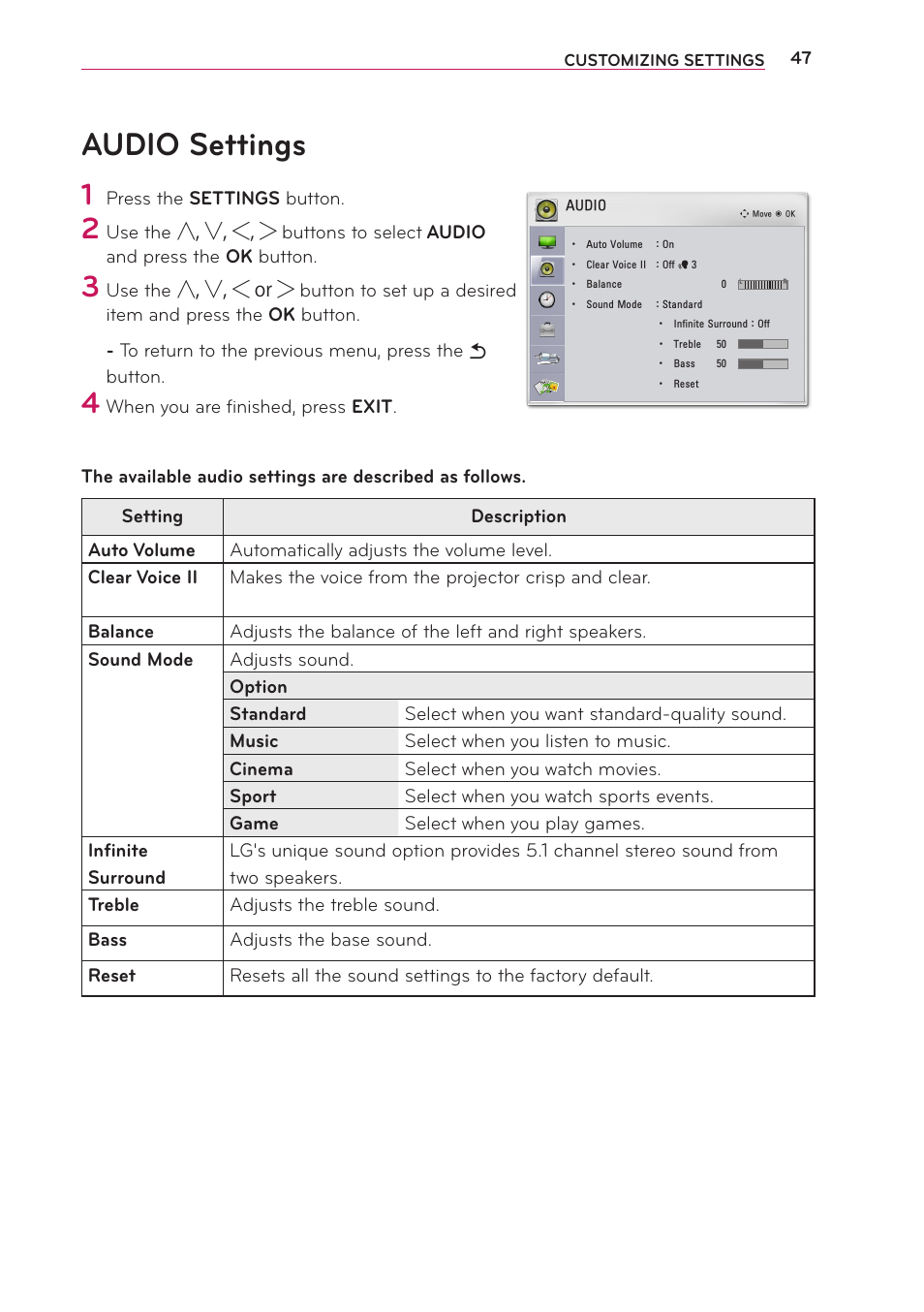 Audio settings | LG PB60G User Manual | Page 47 / 59