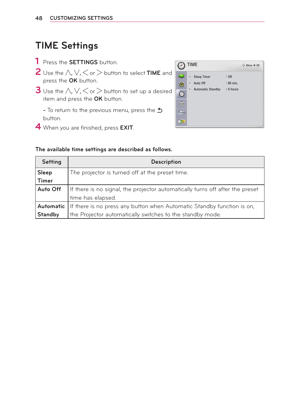 Time settings | LG PB60G User Manual | Page 48 / 59